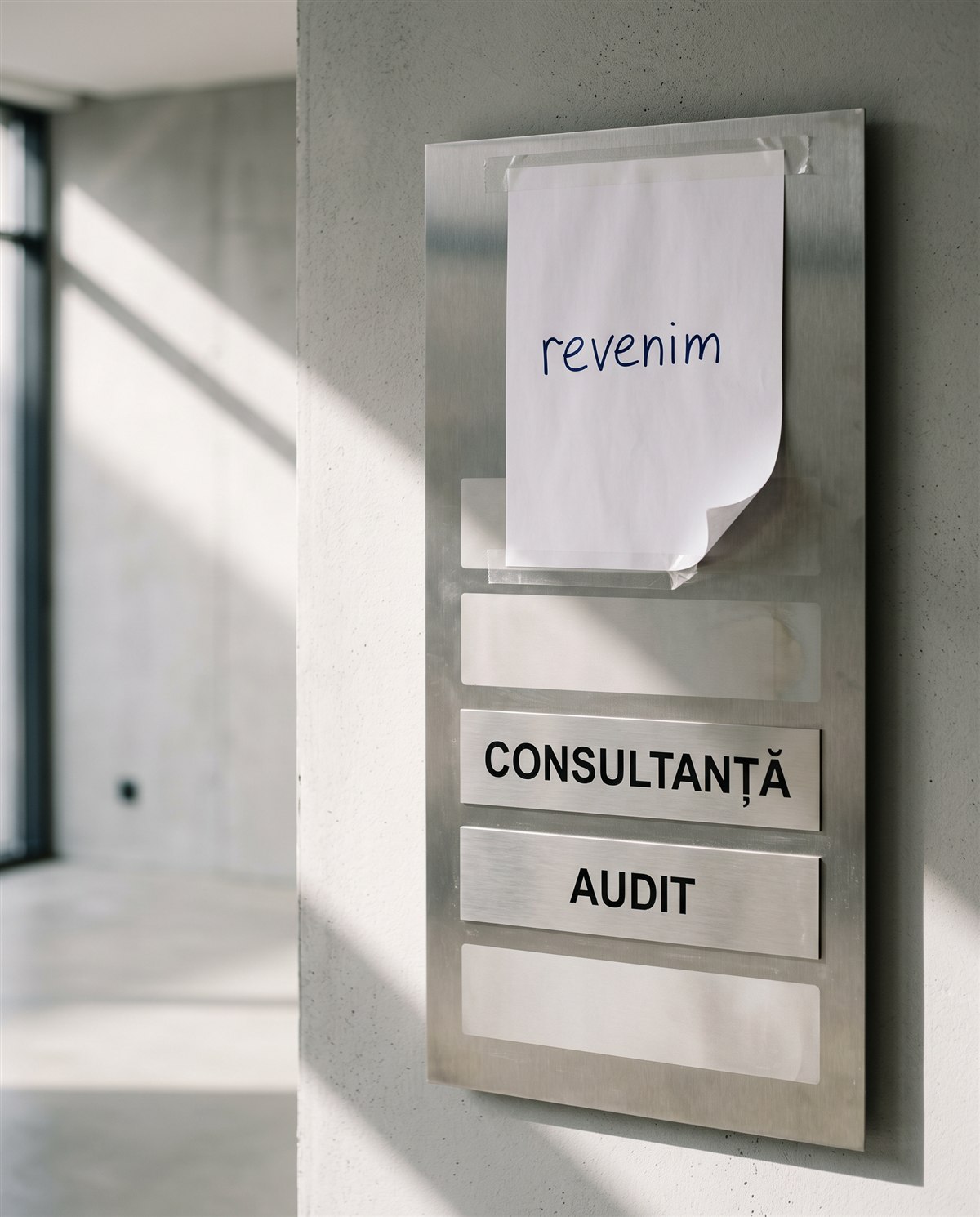 O plăcuță metalică de birou afișează cuvintele „CONSULTANȚĂ” și „AUDIT” sub o foaie de hârtie scrisă de mână, pe care scrie „revenim”, lipită cu bandă adezivă deasupra. Plăcuța este montată pe un perete de beton într-un spațiu luminos și modern.