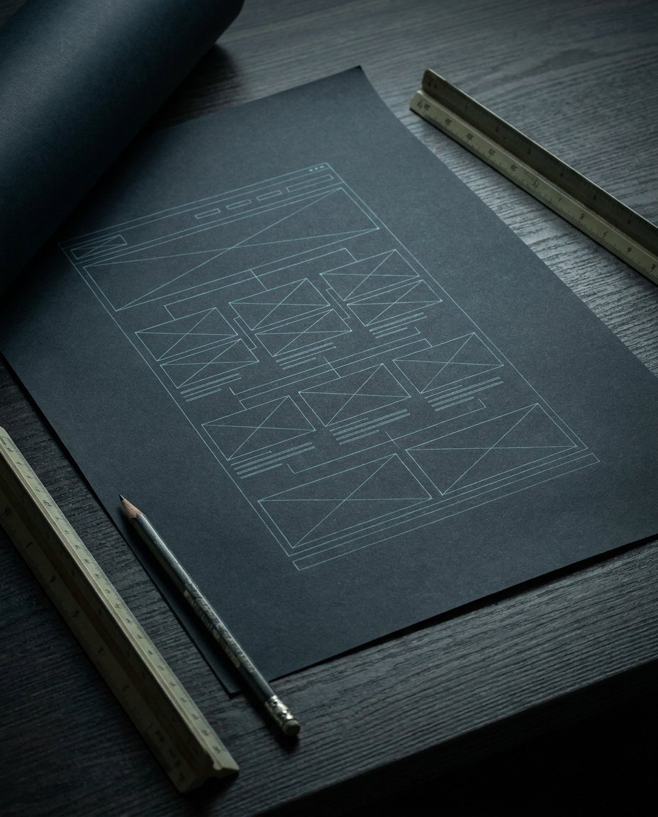Pe un birou se află o schiță arhitecturală neagră cu forme geometrice, înconjurată de un creion și două rigle. Scena este slab iluminată, punând în evidență liniile de pe schiță și textura biroului.