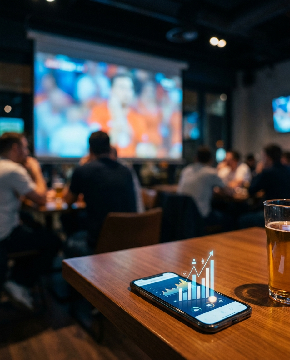 Un smartphone pe ecranul căruia se afișează un grafic financiar este așezat pe o masă de bar, alături de un pahar de bere, în timp ce, în fundal, oamenii urmăresc un meci sportiv difuzat pe un ecran mare.