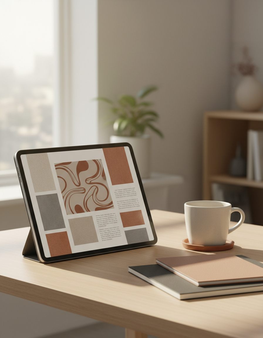 O tabletă cu un design de artă modernă se află pe un birou, lângă o ceașcă de cafea și două caiete. În fundalul luminat discret se află o plantă și un raft cu cărți, sugerând un spațiu de lucru confortabil și bine organizat.