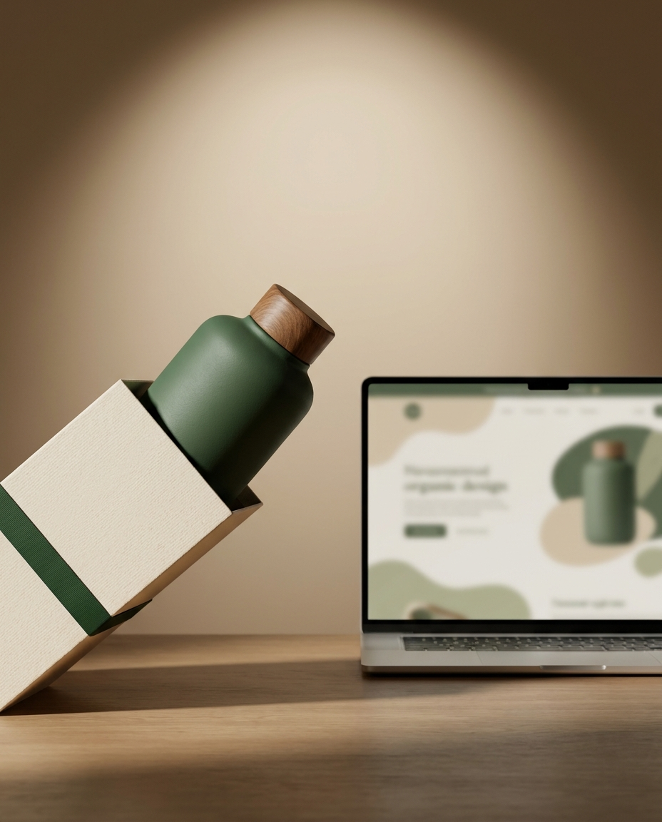 O sticlă verde cu un dop de lemn, așezată într-o cutie bej, este prezentată lângă un laptop pe ecranul căruia apare un design al sticlei identic. Ambele sunt așezate pe o suprafață din lemn, pe un fundal neutru.