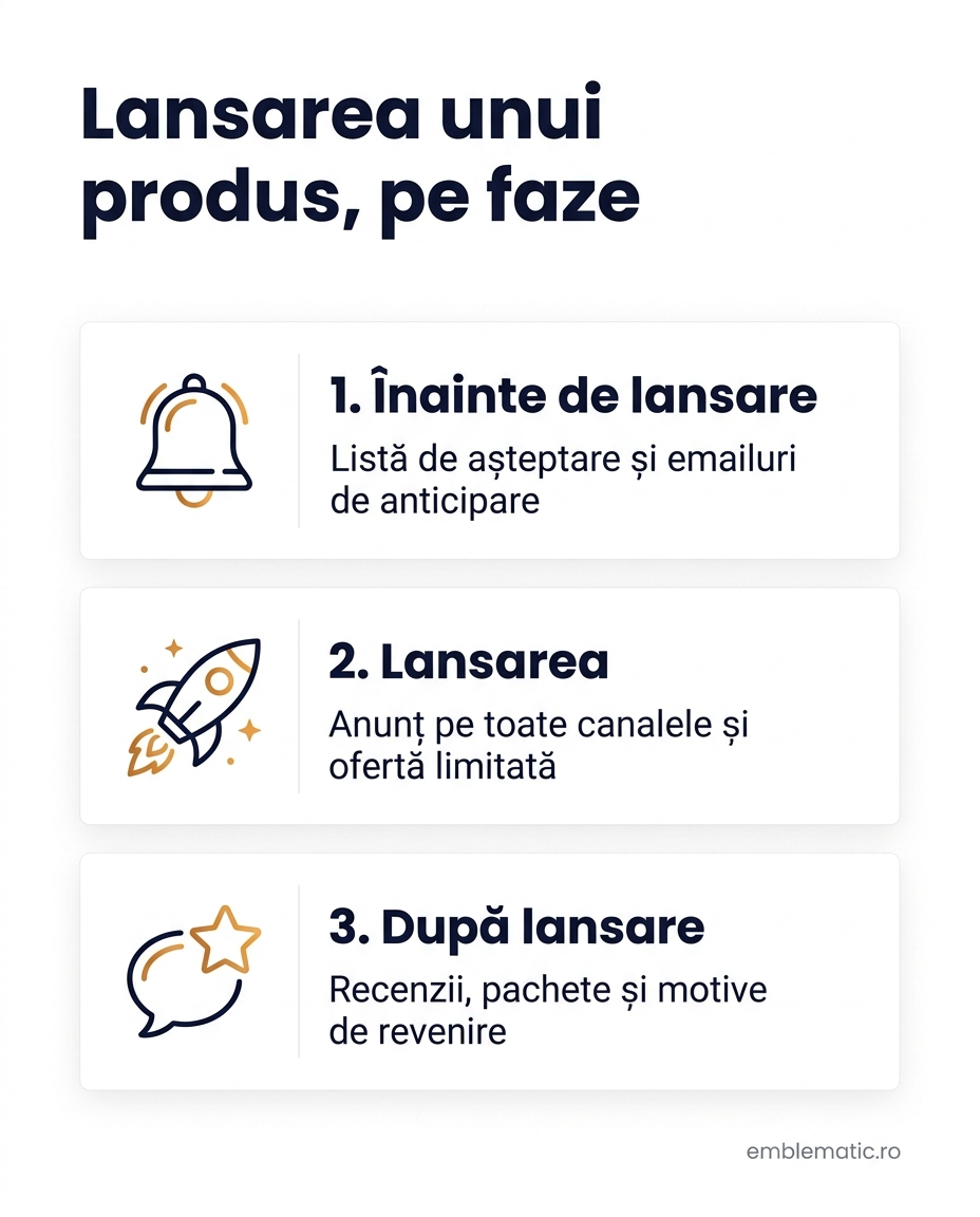 Infografic cu cele trei faze ale lansării unui produs: înainte de lansare, lansarea și după lansare