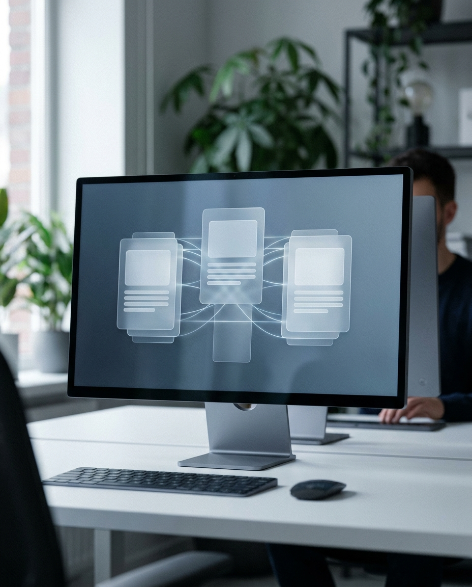 Pe ecranul unui monitor de computer așezat pe un birou alb sunt afișate pictograme abstracte reprezentând partajarea de fișiere. În fundal, o persoană lucrează la un alt birou, pe care se pot vedea plante și elemente de decor de birou.