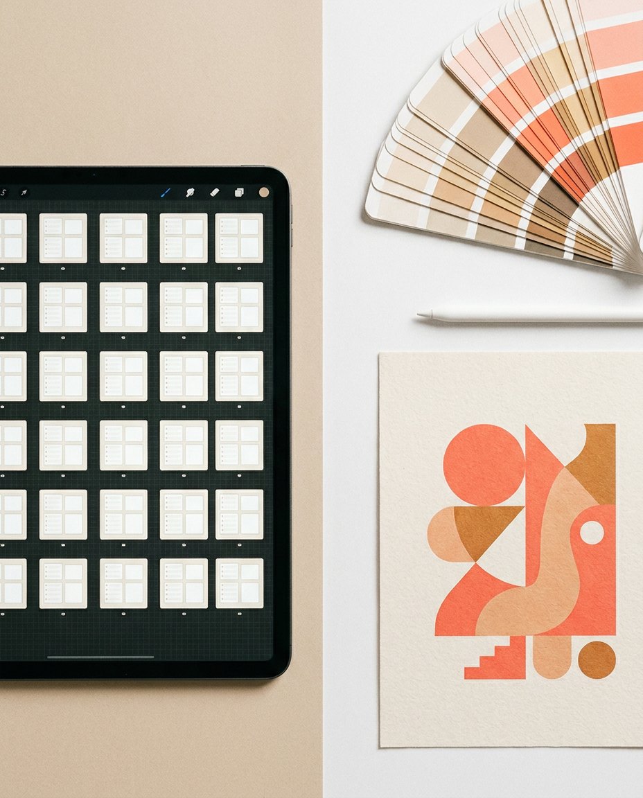 O tabletă cu modele în formă de grilă, un evantai cu mostre de culori, un stilou digital și opere de artă geometrică abstractă în nuanțe de bej și portocaliu sunt dispuse ordonat pe un fundal de culoare bej deschis și alb.