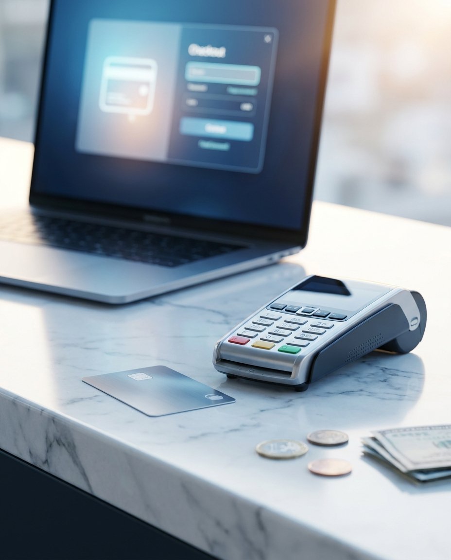 Pe un blat de marmură se află un terminal de plată, un card de credit, monede și bani cash, lângă un laptop deschis, pe ecranul căruia este afișată o pagină de plată online.