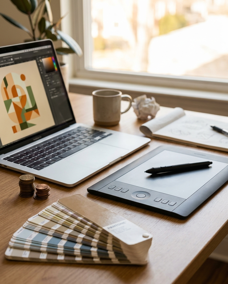 Pe un birou din lemn, lângă o fereastră luminoasă, se află un laptop cu o imagine de artă abstractă pe ecran, o tabletă grafică cu stilou, o cană de cafea, monede, o paletă de culori și hârtie de schițat.