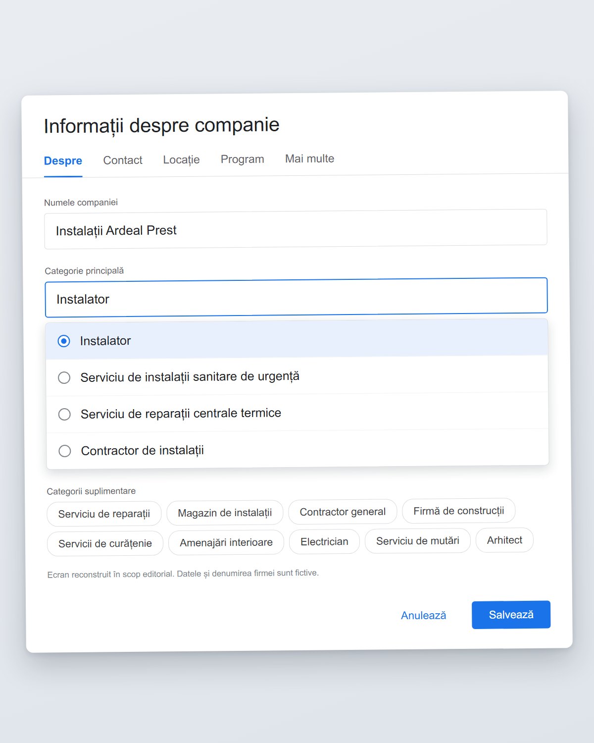 Un formular de informații despre companie în limba română, cu câmpuri pentru denumirea companiei, categoria principală și categoriile suplimentare. Categoria principală selectată este „Instalator”. Design minimalist în culorile albastru și alb.