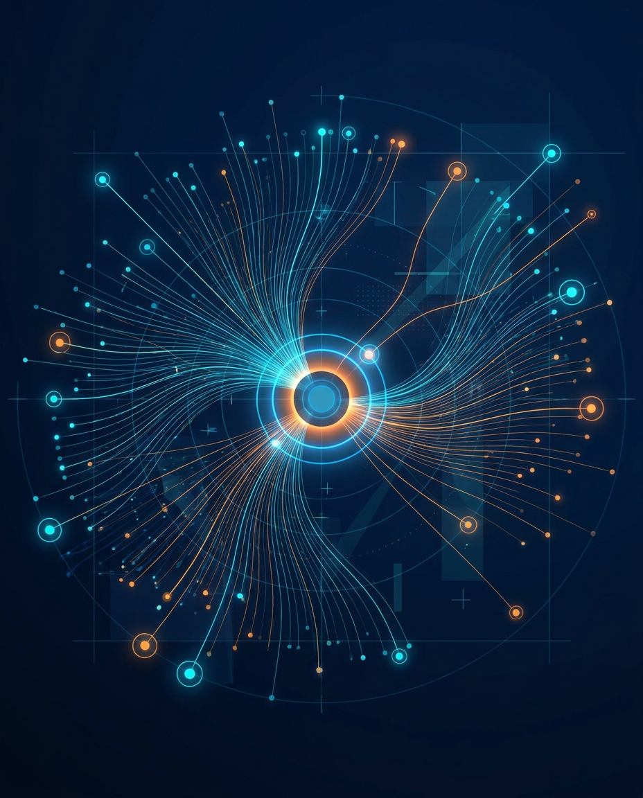 Ilustrație digitală abstractă reprezentând linii interconectate de culoare albastră și portocalie care radiază dintr-un cerc central luminos, simbolizând o rețea de date sau o rețea neuronală, pe un fundal albastru închis cu elemente geometrice.
