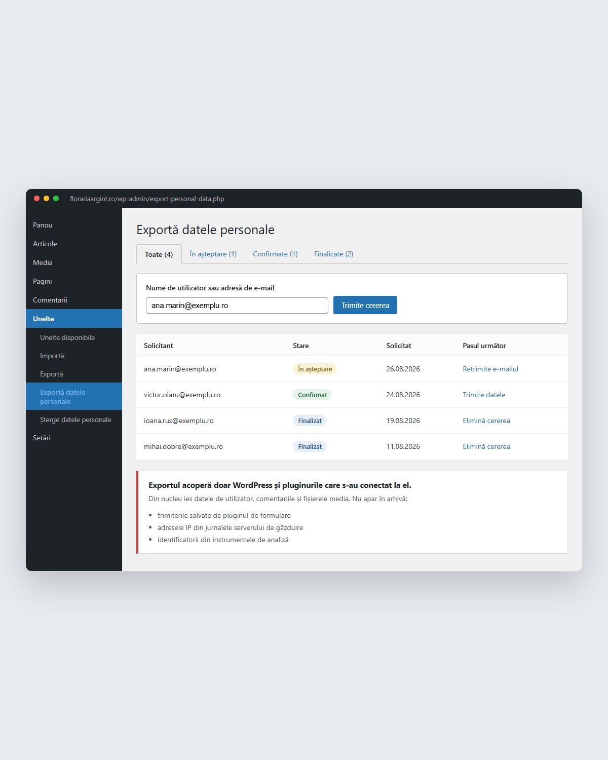Ecranul Exportă datele personale din panoul WordPress, cu patru cereri în lucru și avertismentul despre ce nu intră în arhivă