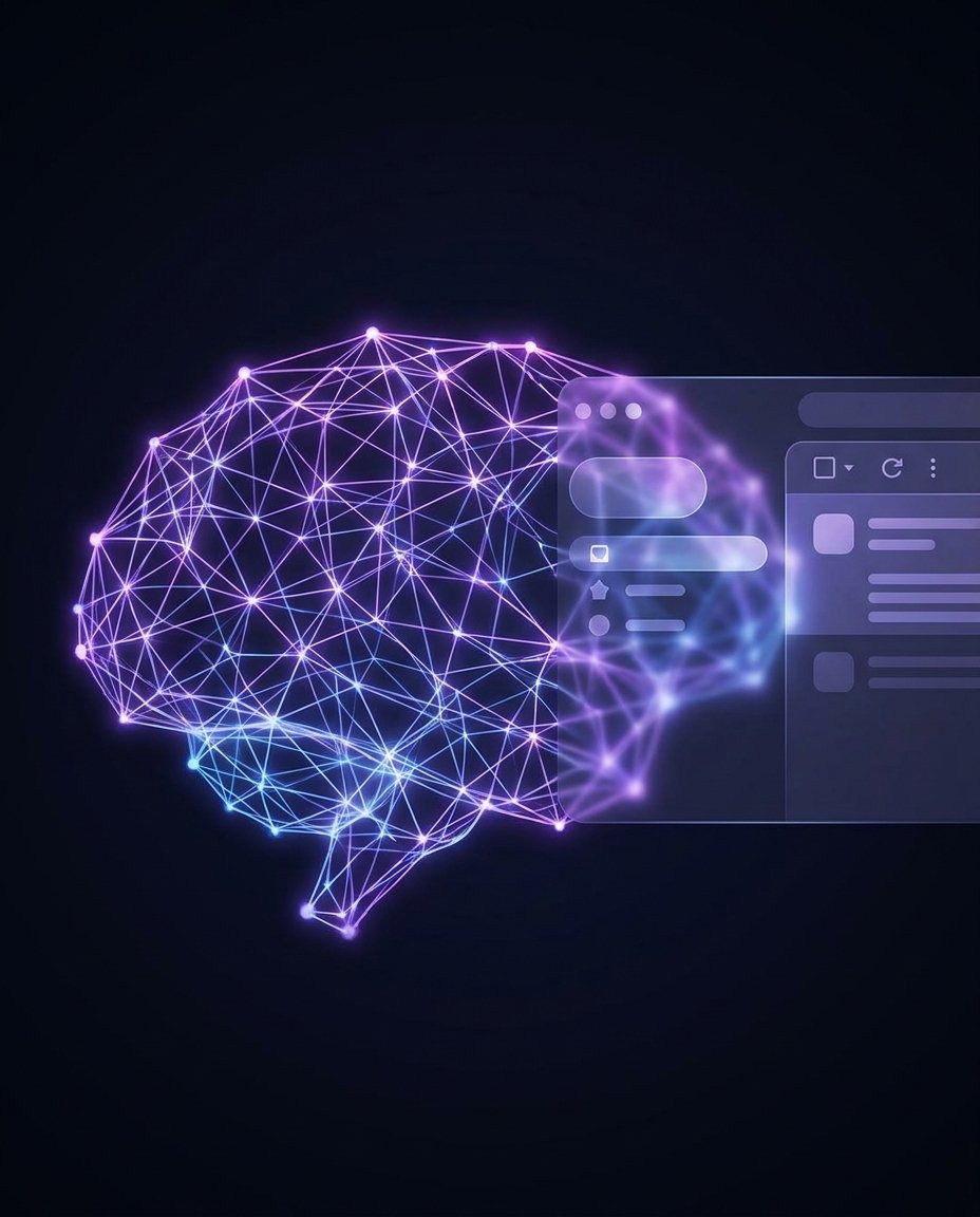 Ilustrație digitală reprezentând o rețea neuronală care formează o siluetă strălucitoare în formă de creier, conectată la elemente de interfață plutitoare pe un fundal întunecat, simbolizând inteligența artificială și integrarea tehnologică.