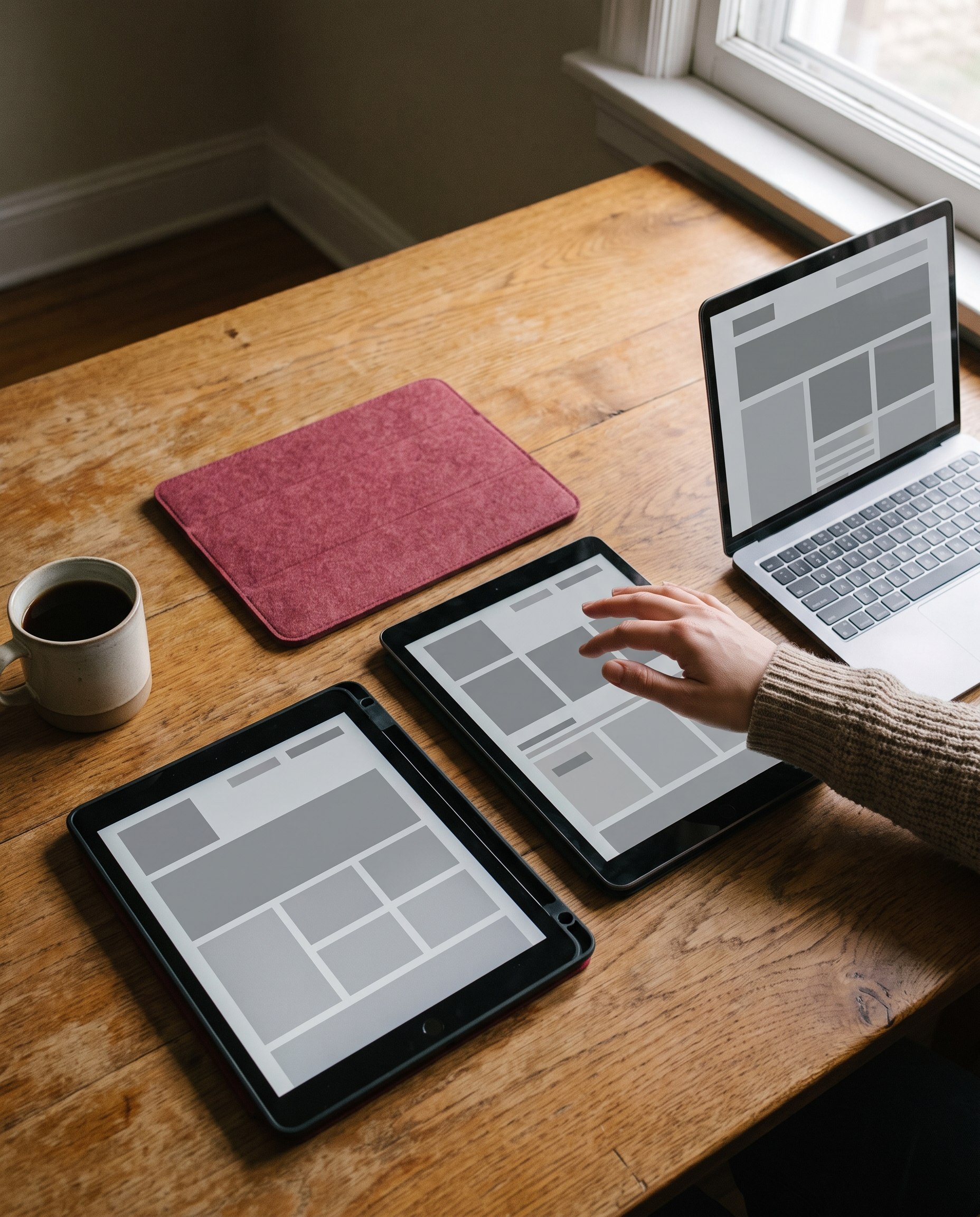 Trei tablete și un laptop pe o masă de lemn, fiecare cu alt aspect de blog