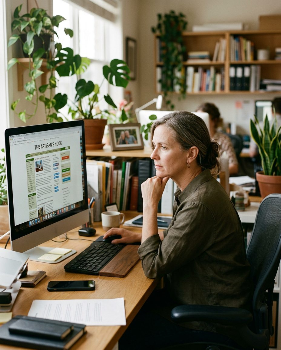 O femeie stă așezată la un birou într-un spațiu de lucru plin de plante, concentrată asupra ecranului computerului pe care este afișat un site web. În jurul spațiului ei de lucru sunt împrăștiate cărți, hârtii și articole de birou. În fundal, o altă persoană lucrează.