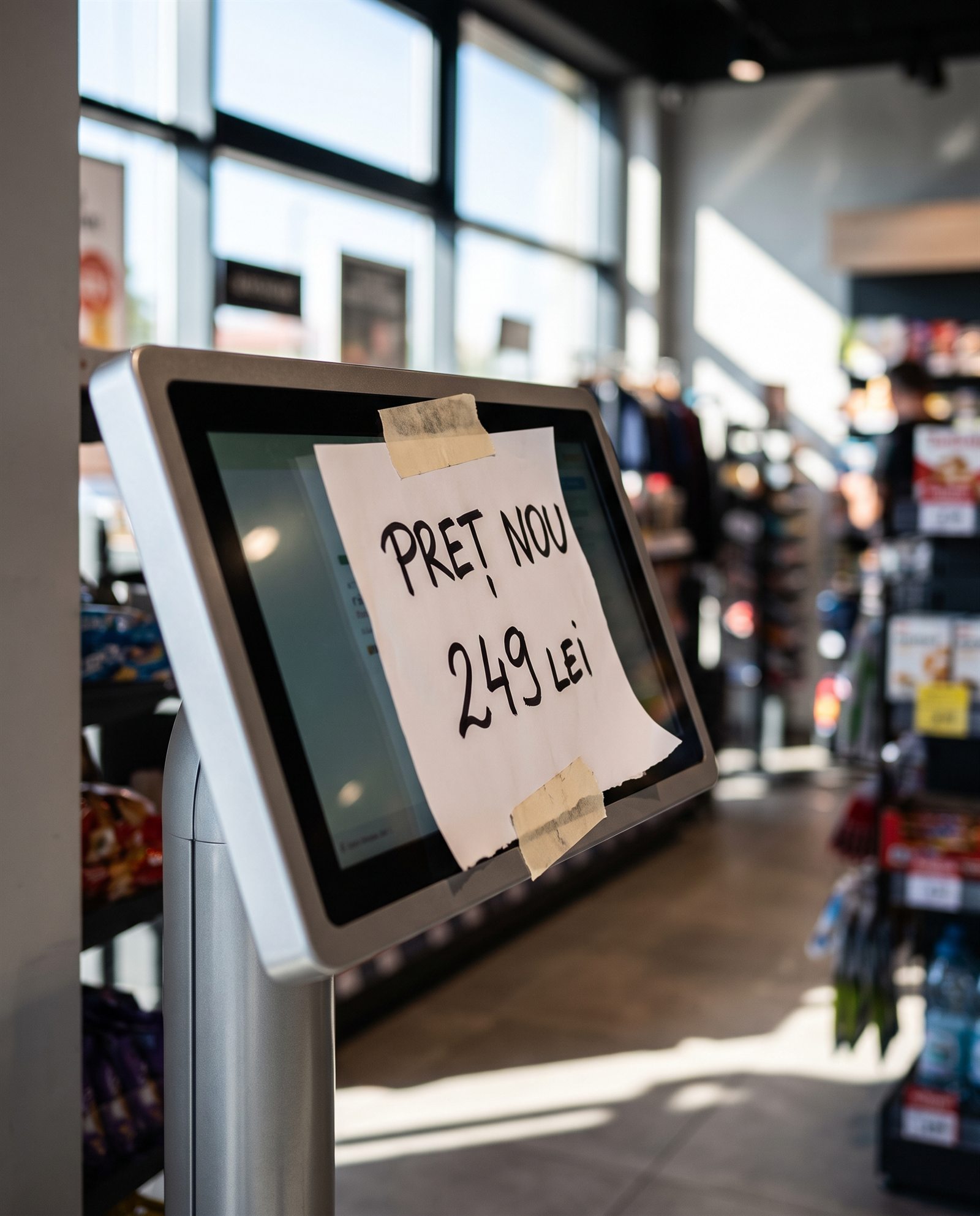 Pe un chioșc digital dintr-un magazin este lipit un afiș de hârtie pe care scrie „PRET NOU 249 Lei”. Lumina soarelui pătrunde prin ferestrele mari, iar în fundal se văd rafturi cu diverse produse.
