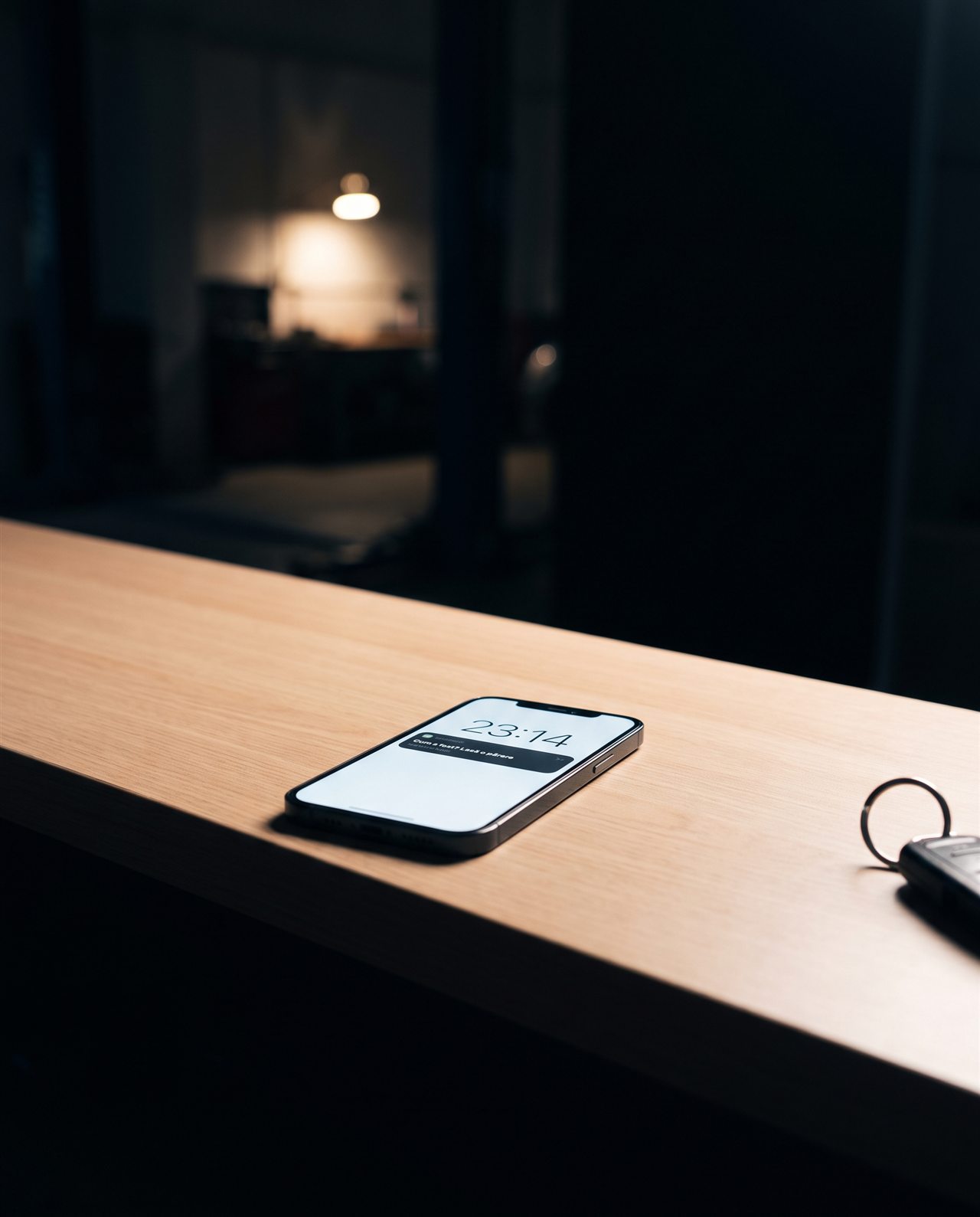 Un smartphone pe care se afișează ora și o notificare este așezat pe o suprafață din lemn într-o cameră slab iluminată. Pe marginea din dreapta se vede parțial un breloc neclar. În fundal, strălucește un singur candelabru suspendat.