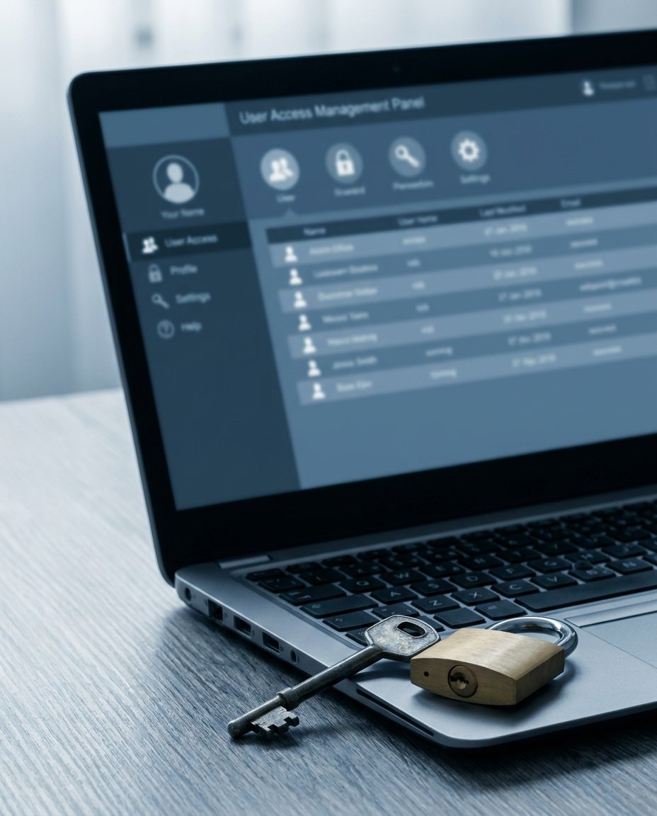 Pe ecranul unui laptop apare un panou de gestionare a accesului utilizatorilor; pe tastatură se află o cheie și un lacăt, simbolizând securitatea cibernetică și protecția datelor.