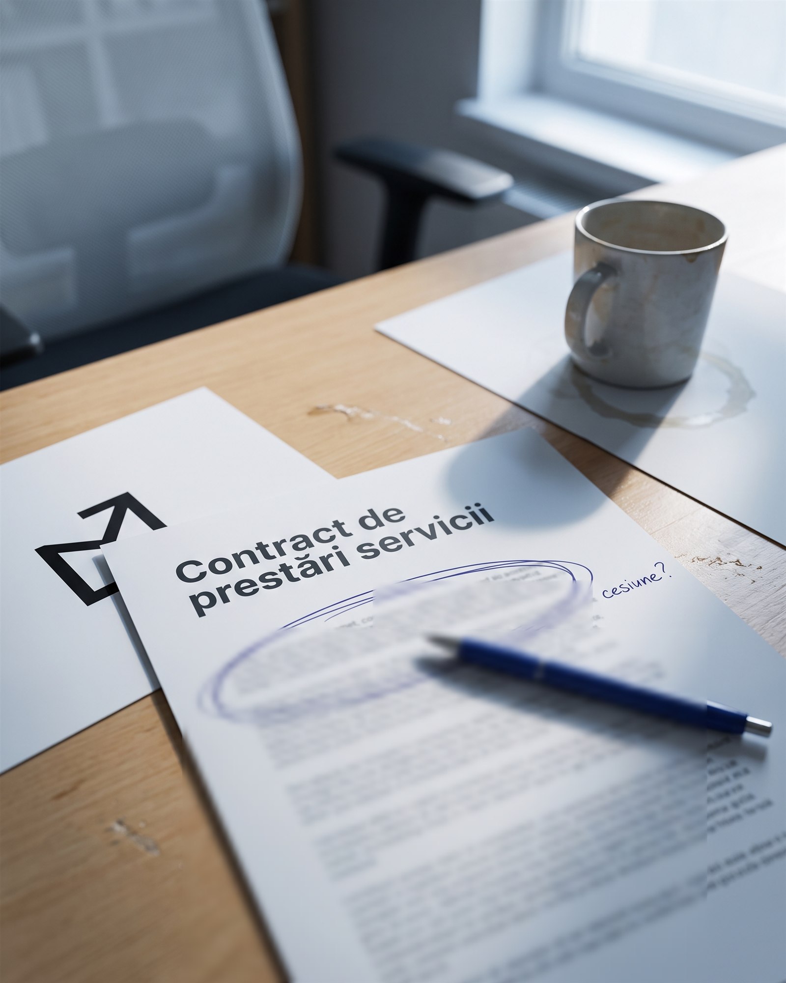 Un birou pe care se află un contract intitulat „Contract de prestări servicii”, un stilou albastru și o cană de cafea pătată, lângă o fereastră.