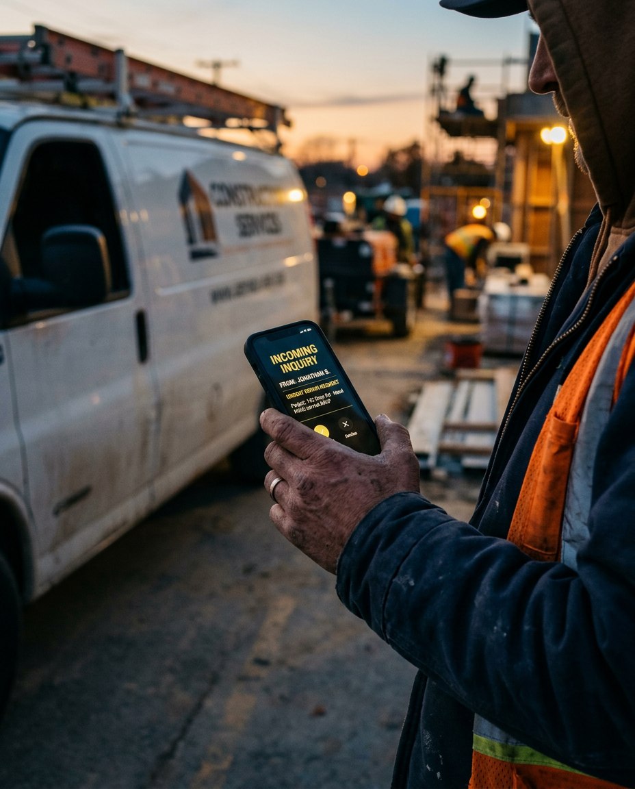 Un muncitor în construcții, îmbrăcat într-o vestă de siguranță, ține în mână un telefon pe care apare o notificare de apel primit, pe un șantier aglomerat, cu o dubiță albă de serviciu și mai mulți muncitori în fundal, la apusul soarelui.