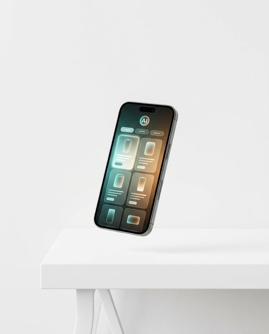 Un smartphone cu ecranul luminos, pe care se afișează interfața unei aplicații cu tematică AI, plutește deasupra unei mese albe, pe un fundal simplu și deschis la culoare.