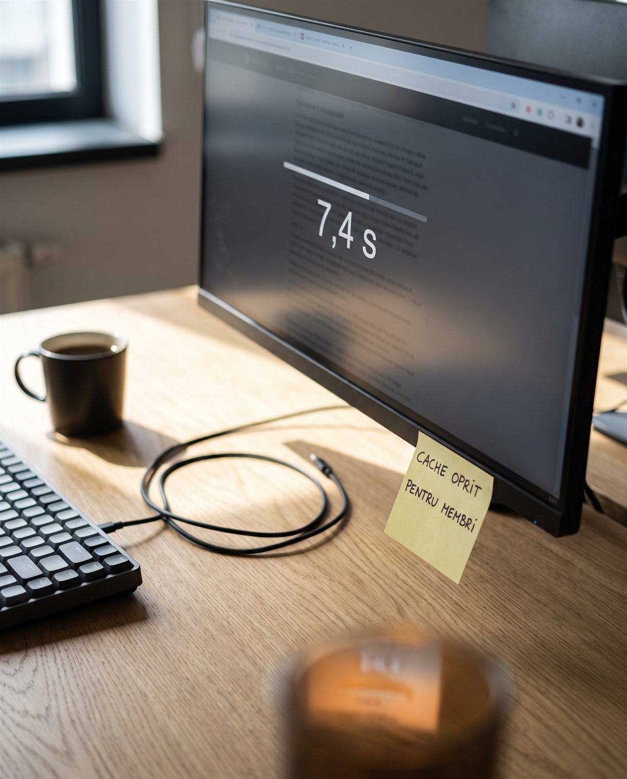 Un monitor de computer afișează „7,4 s” pe un birou pe care se află o tastatură, un mouse și două căni. Pe monitor este lipită o notiță pe care scrie: „CACHE OPRIT PENTRU MEMBRI.”.