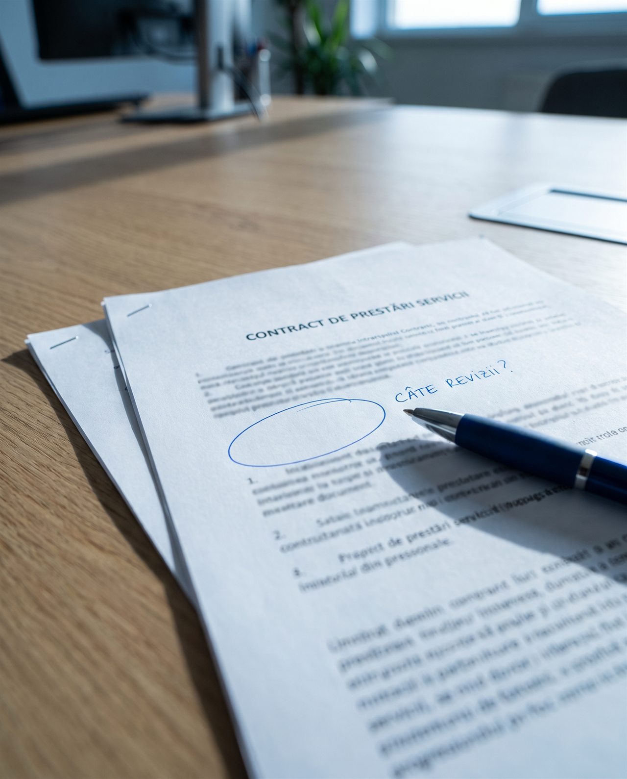 Un document contractual în limba română așezat pe un birou din lemn, pe care se află un stilou albastru, precum și o notă scrisă de mână și un cerc lângă linia de semnătură. În fundal se disting, estompate, un computer și o plantă.