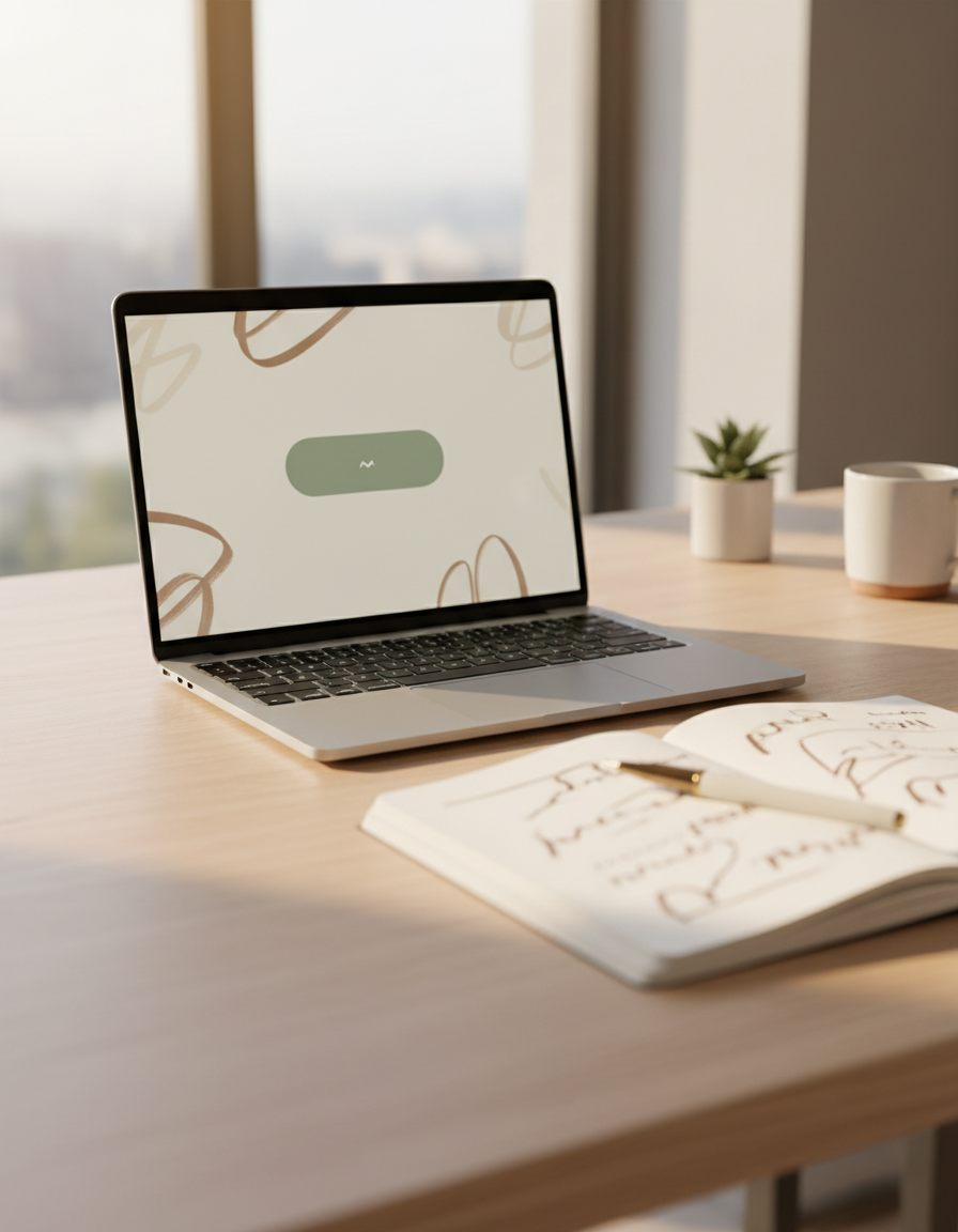 Un laptop cu un fundal abstract se află pe un birou din lemn, lângă un caiet deschis cu schițe, o mică plantă în ghiveci și o ceașcă, într-un birou modern, luminat de soare, cu ferestre mari.