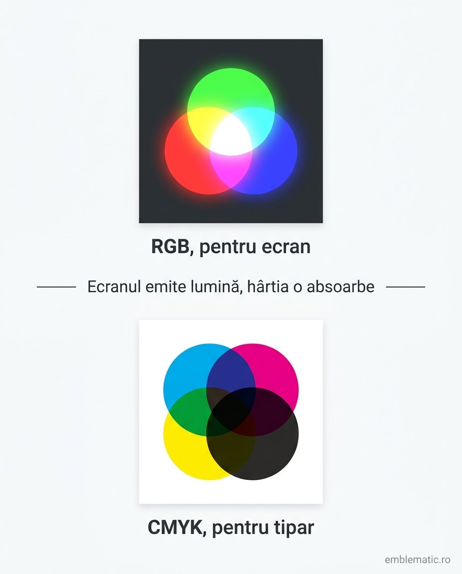 RGB pentru ecran și CMYK pentru tipar: ecranul emite lumină, hârtia o absoarbe