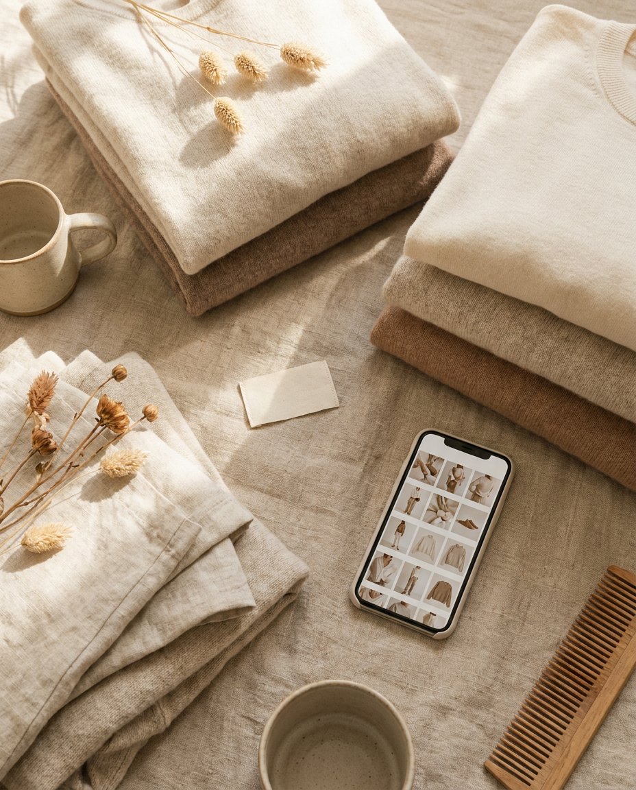 Haine în culori neutre, împăturite cu grijă, două căni de ceramică, flori uscate, un pieptene, o felicitare neimprimată și un smartphone pe care se afișează fotografii cu haine, așezate pe o suprafață din in, creând o estetică minimalistă și confortabilă.