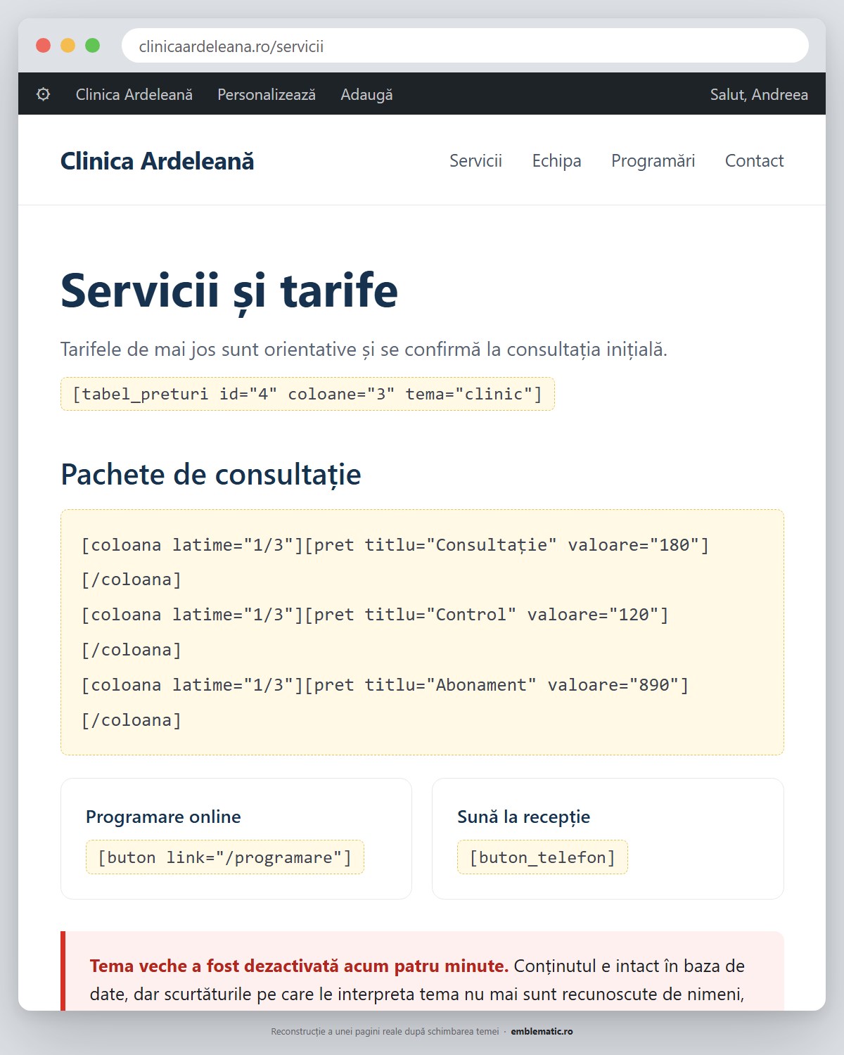 Pagină de site după schimbarea temei, cu scurtăturile afișate ca text brut