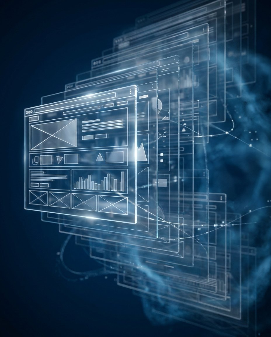 O ilustrație digitală reprezentând mai multe ferestre transparente ale unui browser web suprapuse unele peste altele, conținând diagrame, grafice și elemente de interfață, pe un fundal albastru închis cu linii abstracte, strălucitoare și efecte asemănătoare norilor.