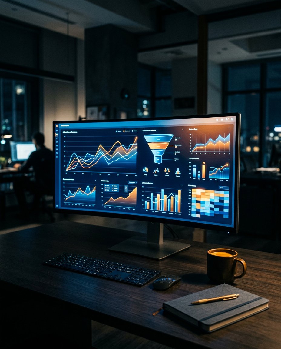 Un birou cu un monitor pe care se afișează diagrame și grafice colorate, o tastatură, un caiet și o cană galbenă. Biroul este slab iluminat, iar în fundal se vede o altă persoană care lucrează.