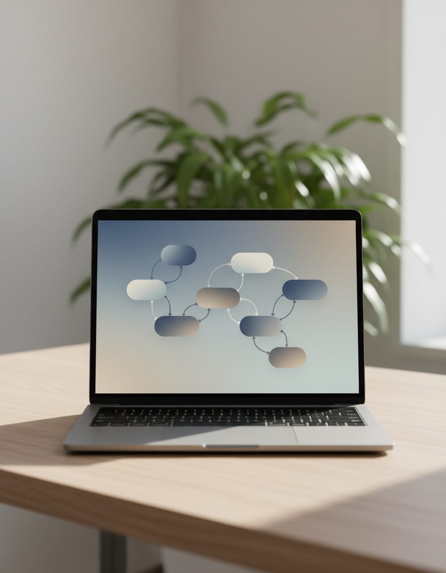 Pe un birou din lemn se află un laptop pe care este afișată o diagramă de flux cu bule interconectate. În fundal se vede o plantă verde estompată, iar razele soarelui pătrund prin fereastră.