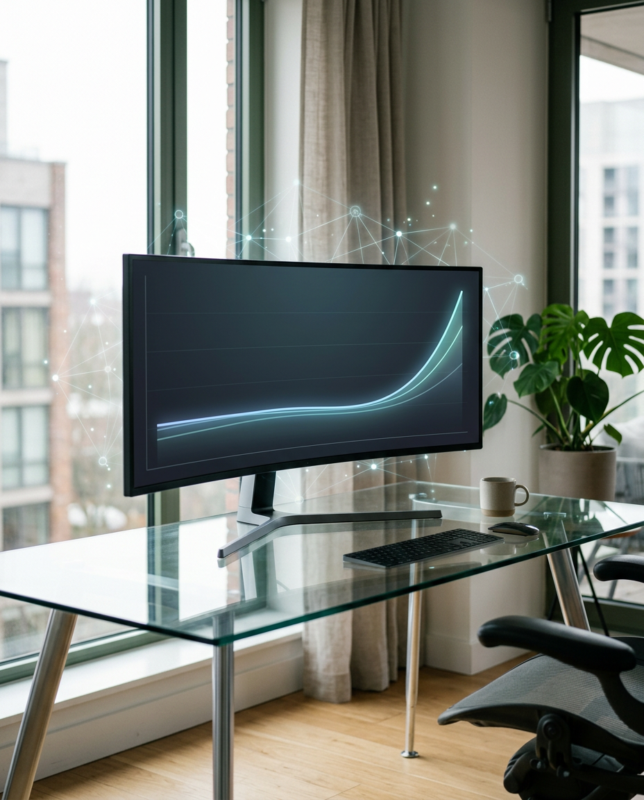 Un birou modern cu un birou din sticlă, un monitor de computer pe care se vede un grafic ascendent, o tastatură, un mouse, o ceașcă de cafea, o plantă și ferestre mari prin care se văd clădirile din exterior.