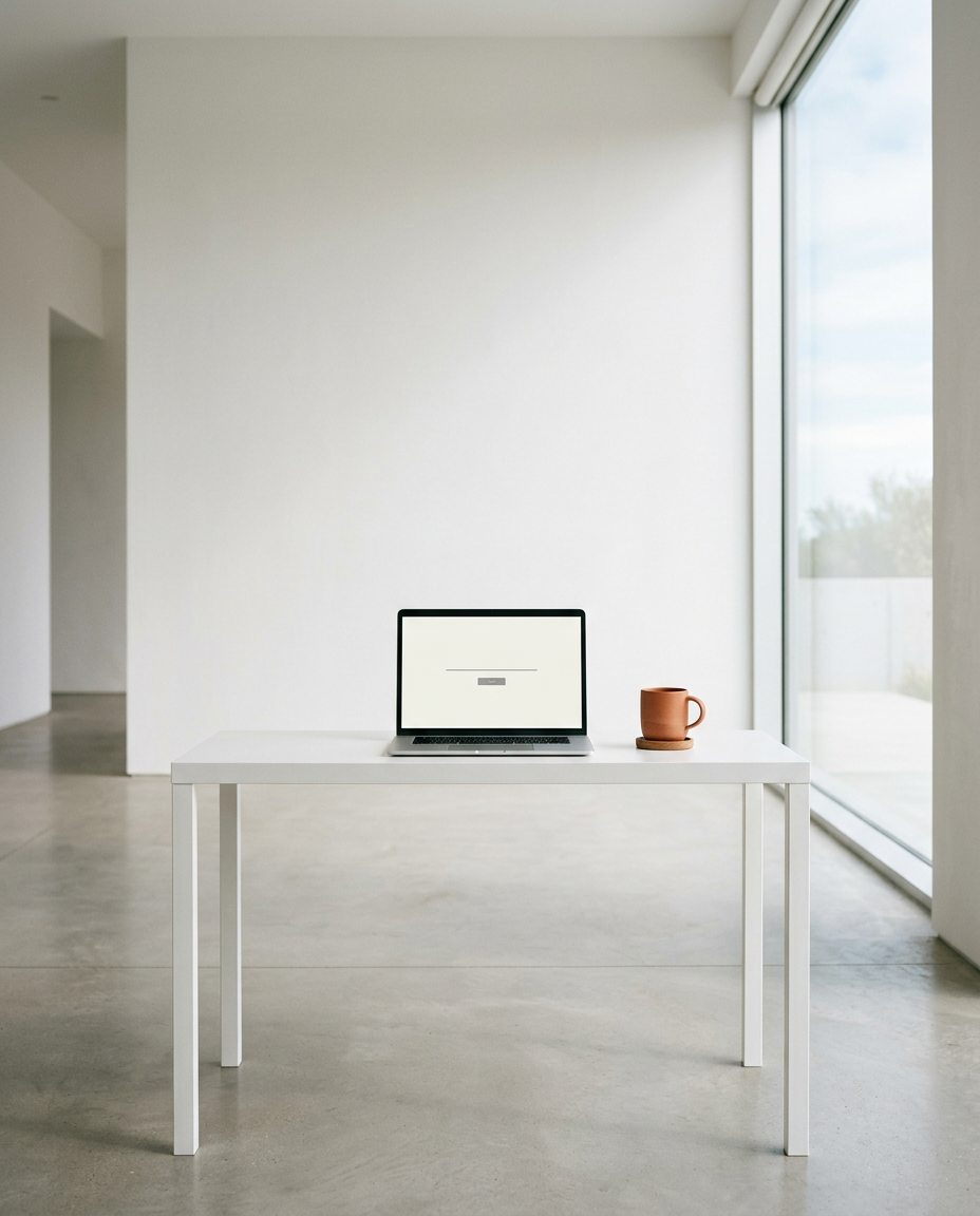 Un spațiu de lucru minimalist, cu o masă albă, un laptop și o cană maro, într-o cameră luminoasă, cu ferestre mari și pardoseală din beton.