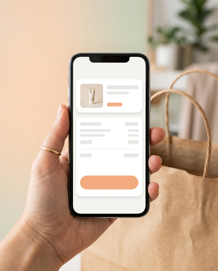 O mână care ține un smartphone pe care se afișează o pagină de cumpărături sau de produs, cu o imagine, text și butoane; în fundal se văd o pungă de hârtie maro și o plantă estompată.