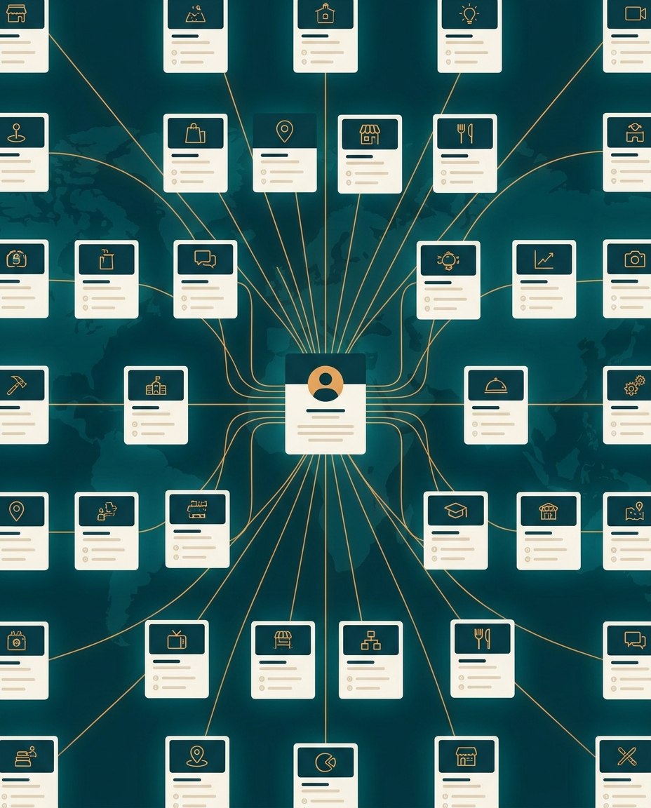 O fișă cu profil central este conectată prin linii la numeroase pictograme și fișe de servicii, ilustrând o rețea digitală sau o platformă online destinată gestionării diverselor servicii și activități.