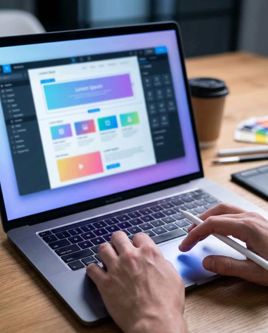 O persoană folosește un laptop pe ecranul căruia se afișează interfața unui program de creare a site-urilor web. Pe biroul din lemn se văd o ceașcă de cafea, un blocnotes și creioane colorate.