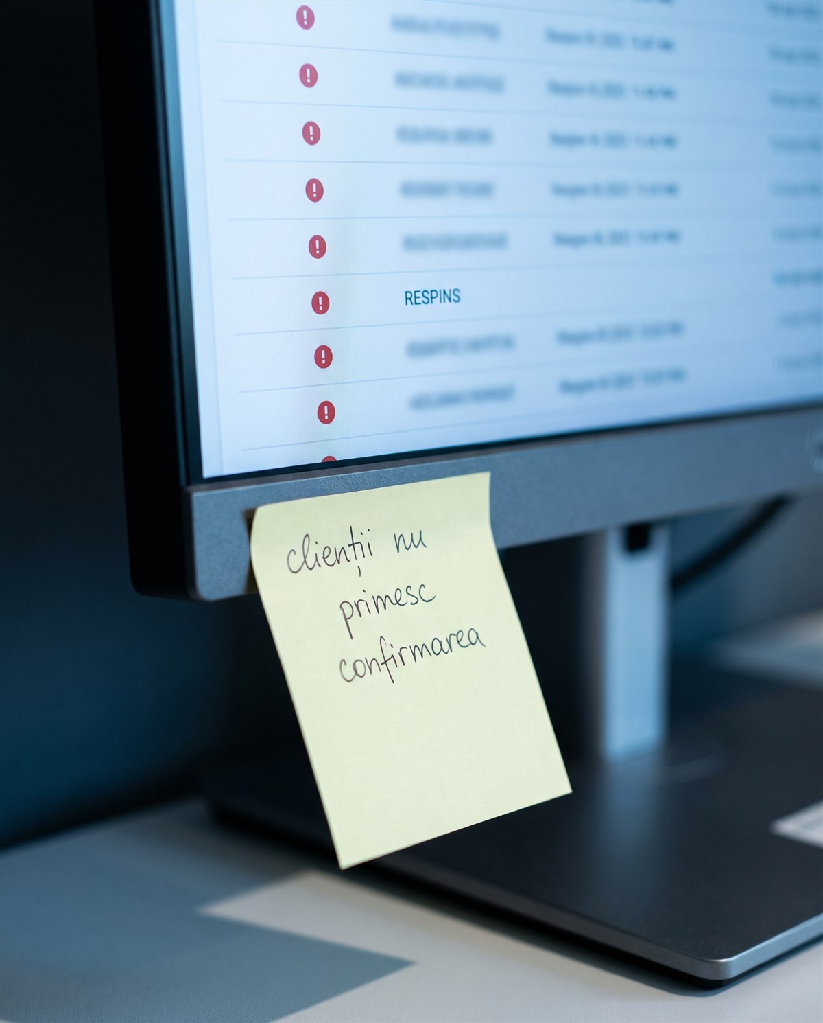 Pe un monitor se află o notiță galbenă pe care scrie „clienții nu primesc confirmarea”. Pe ecran apare o listă în care cuvântul „RESPINS” este evidențiat cu roșu.