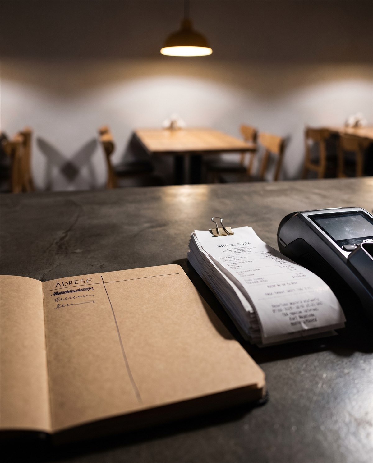 Un caiet, niște chitanțe prinse cu o agrafă de birou și un terminal de plată se află pe un tejghea de culoare închisă, într-un restaurant slab iluminat, cu mese și scaune din lemn în fundal.