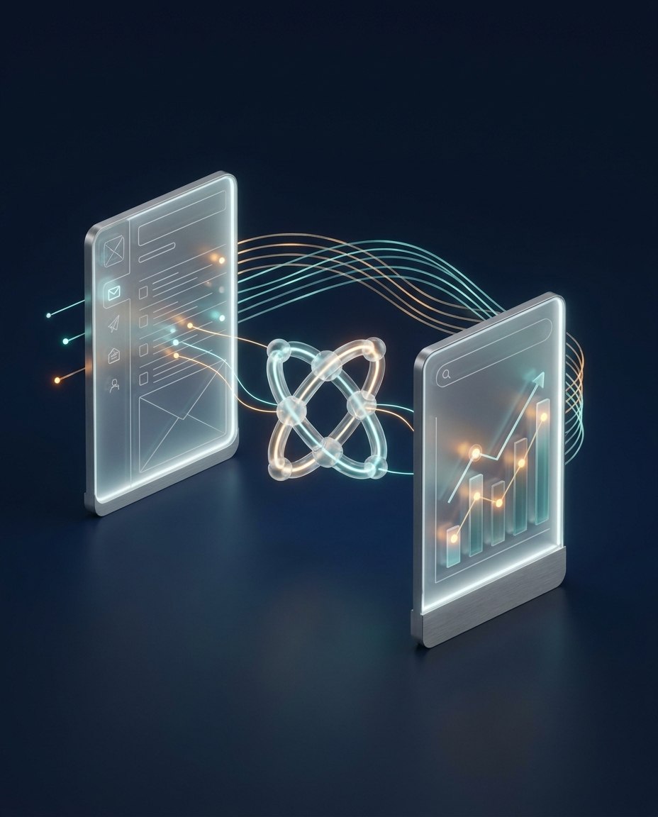 Două ecrane digitale luminoase sunt legate între ele de linii de date care se învârt, având în centru un simbol asemănător unui atom, care reprezintă transferul de date sau integrarea tehnologică pe un fundal întunecat.