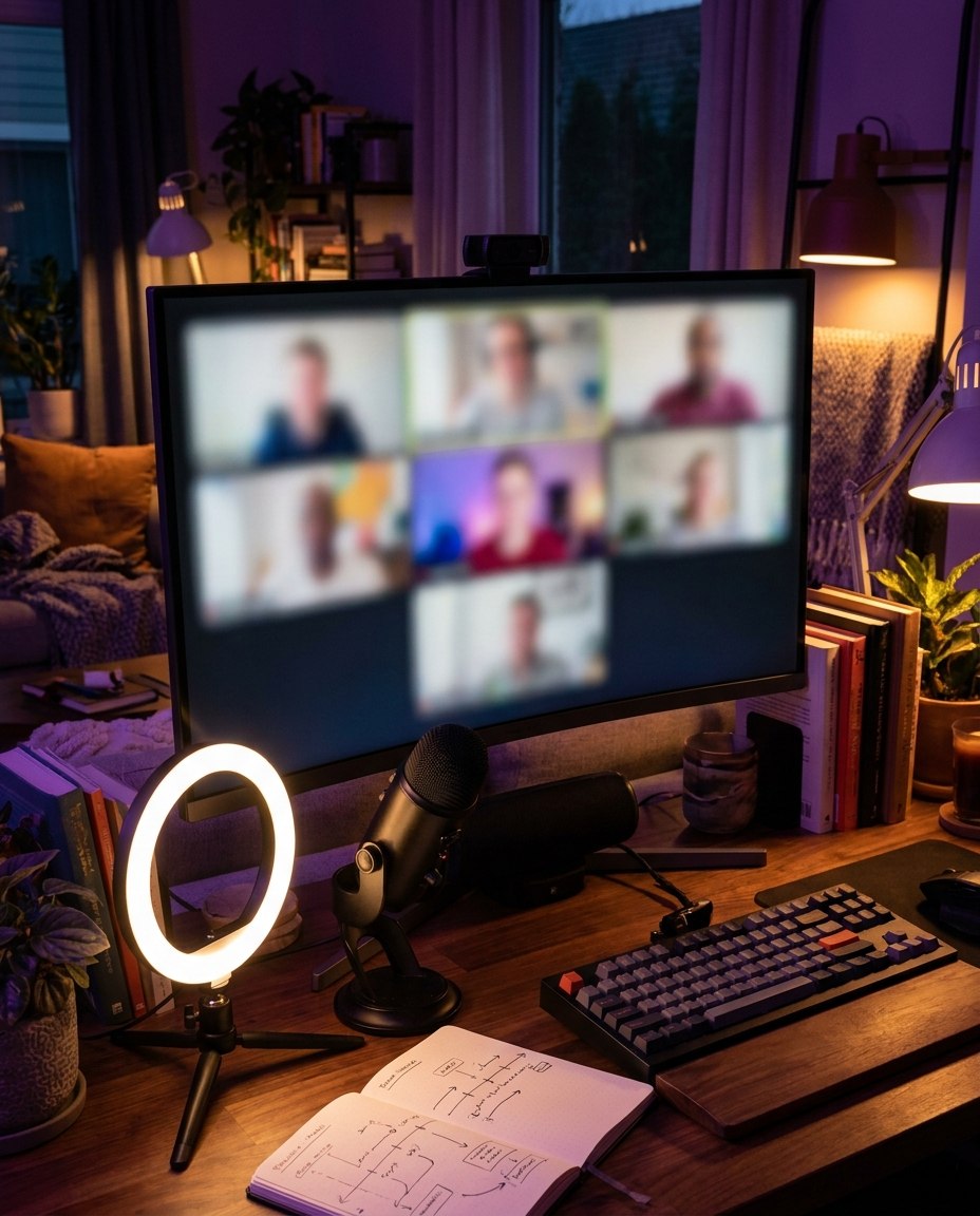 Pe ecranul unui computer se vede un apel video neclar, cu opt participanți. Pe birou se află o lampă inelară, un microfon, o tastatură, plante, cărți și un caiet deschis cu diagrame. Camera este confortabilă și slab iluminată.