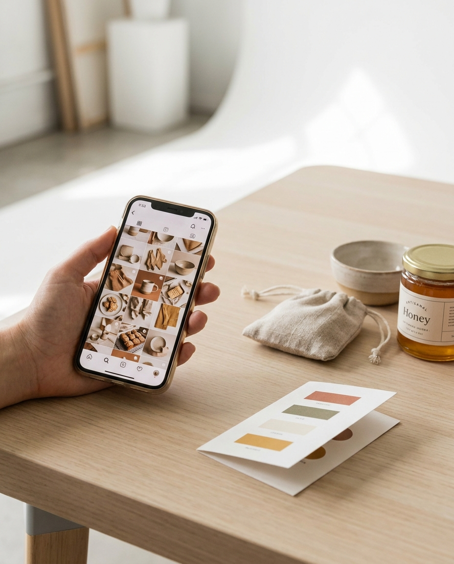 O mână ține un smartphone pe care se vede o grilă de fotografii. Pe masă se află un borcan cu miere, o punguță mică din in, un bol din ceramică și o carte cu mostre de culori. Decorul este minimalist, iar lumina este difuză.