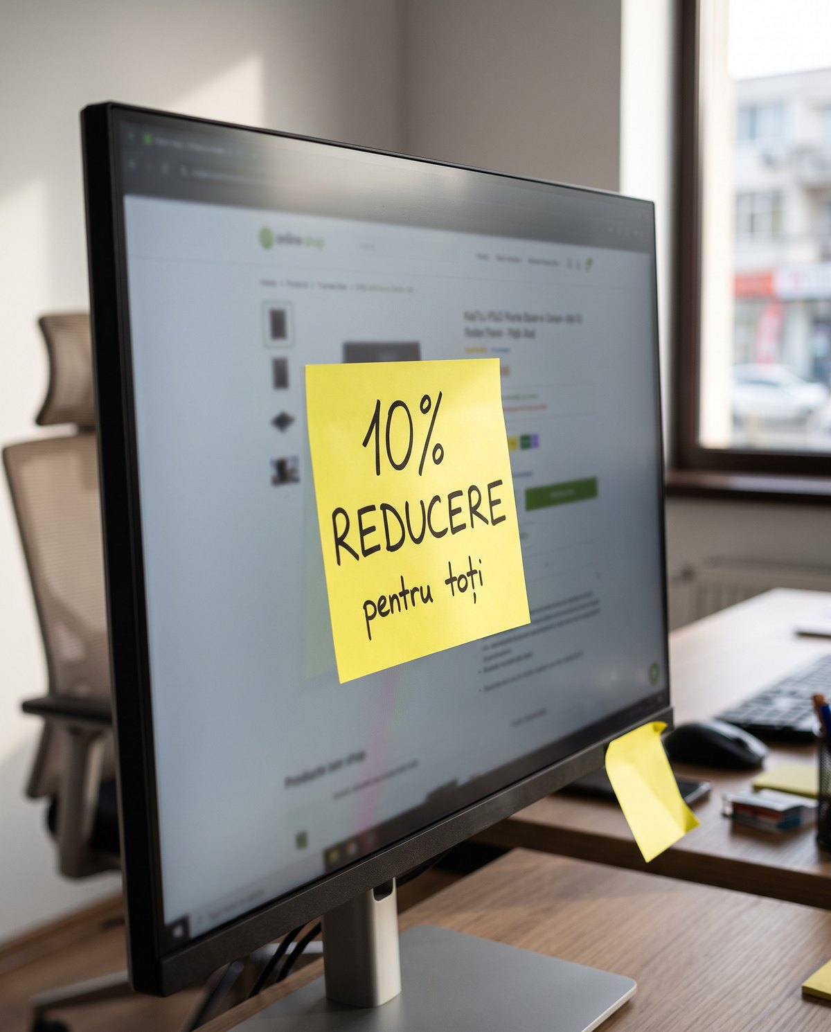 Un monitor de computer pe care este lipită o notiță galbenă cu textul „10% REDUCERE pentru toți” în limba română, ceea ce înseamnă „10% reducere pentru toată lumea”. În fundal se văd un scaun de birou și un birou.