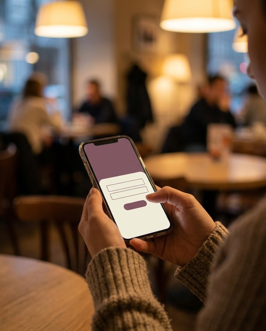 Telefon tinut in mana, cu un formular minimal de autentificare pe ecran