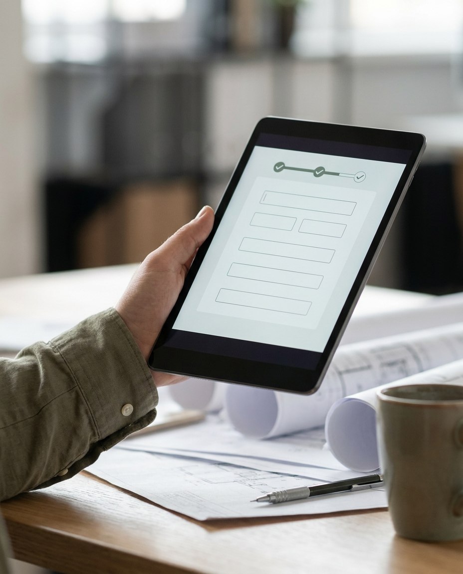 O persoană ține în mână o tabletă pe care este afișat un formular digital. În fundal se văd niște hârtii, un stilou și o cană așezate pe un birou într-un birou bine luminat.