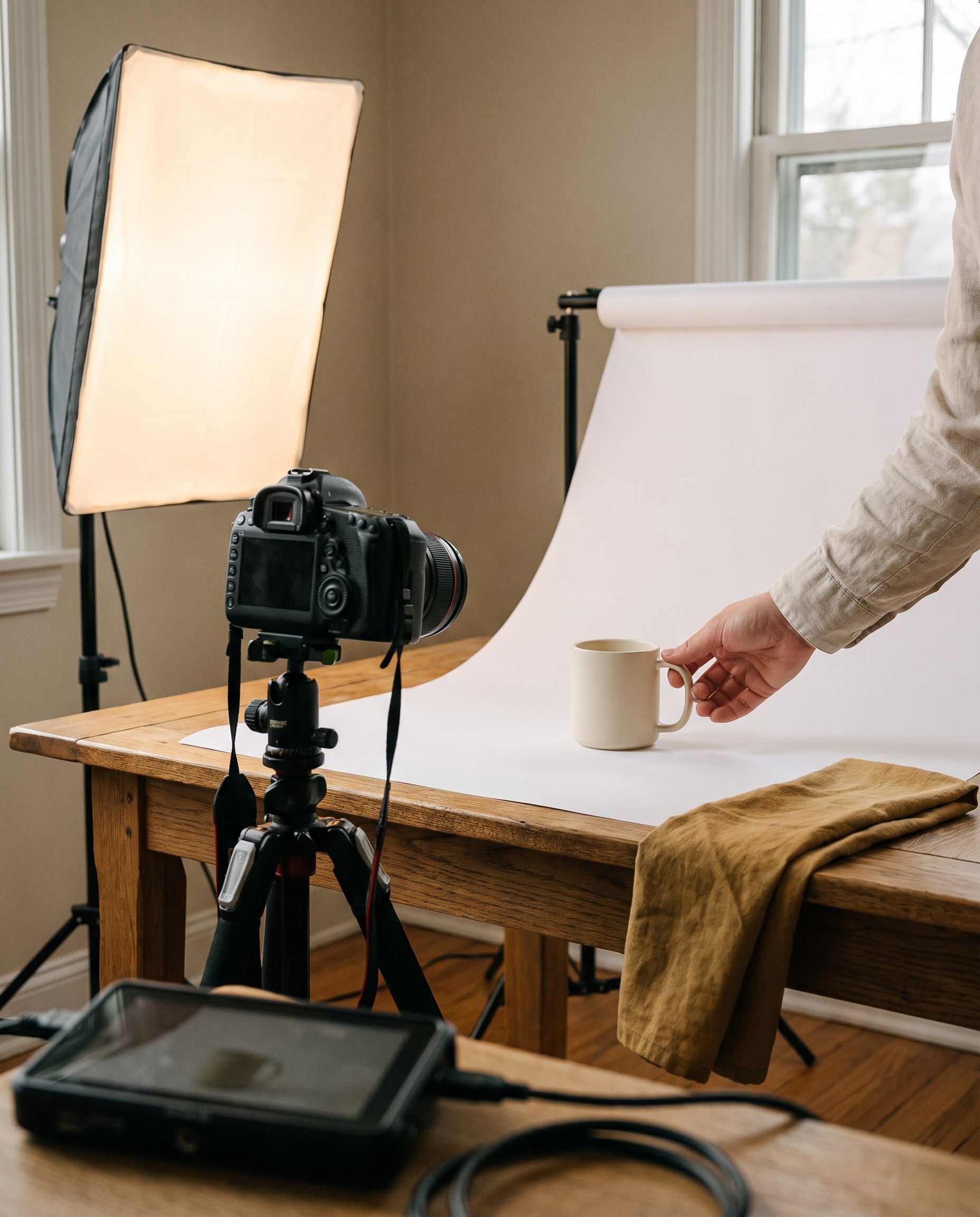 Studio foto de produs improvizat: cană pe fundal alb, softbox și aparat pe trepied