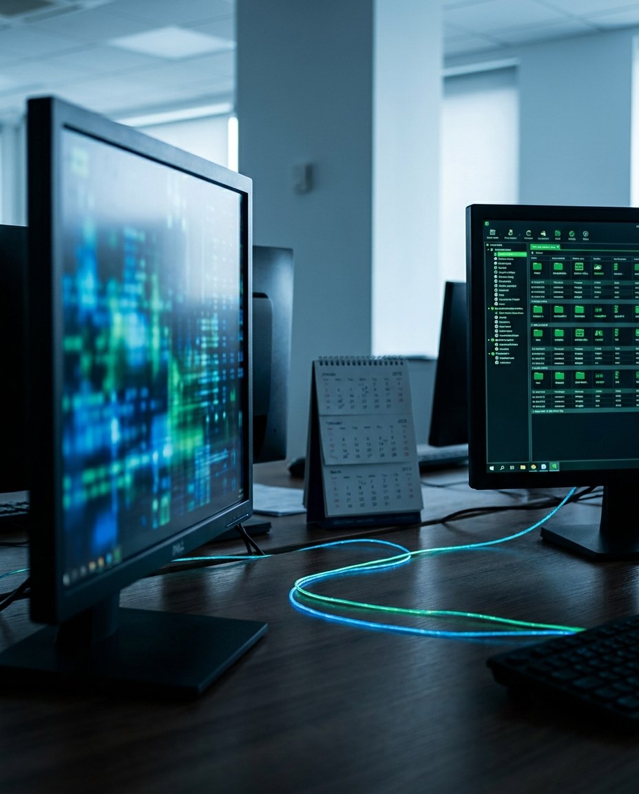 Două monitoare de calculator așezate pe un birou într-un birou modern, pe care se afișează informații digitale. Un cablu albastru luminos leagă cele două dispozitive, iar între ele se află un mic calendar. Camera este bine luminată de lumina naturală.