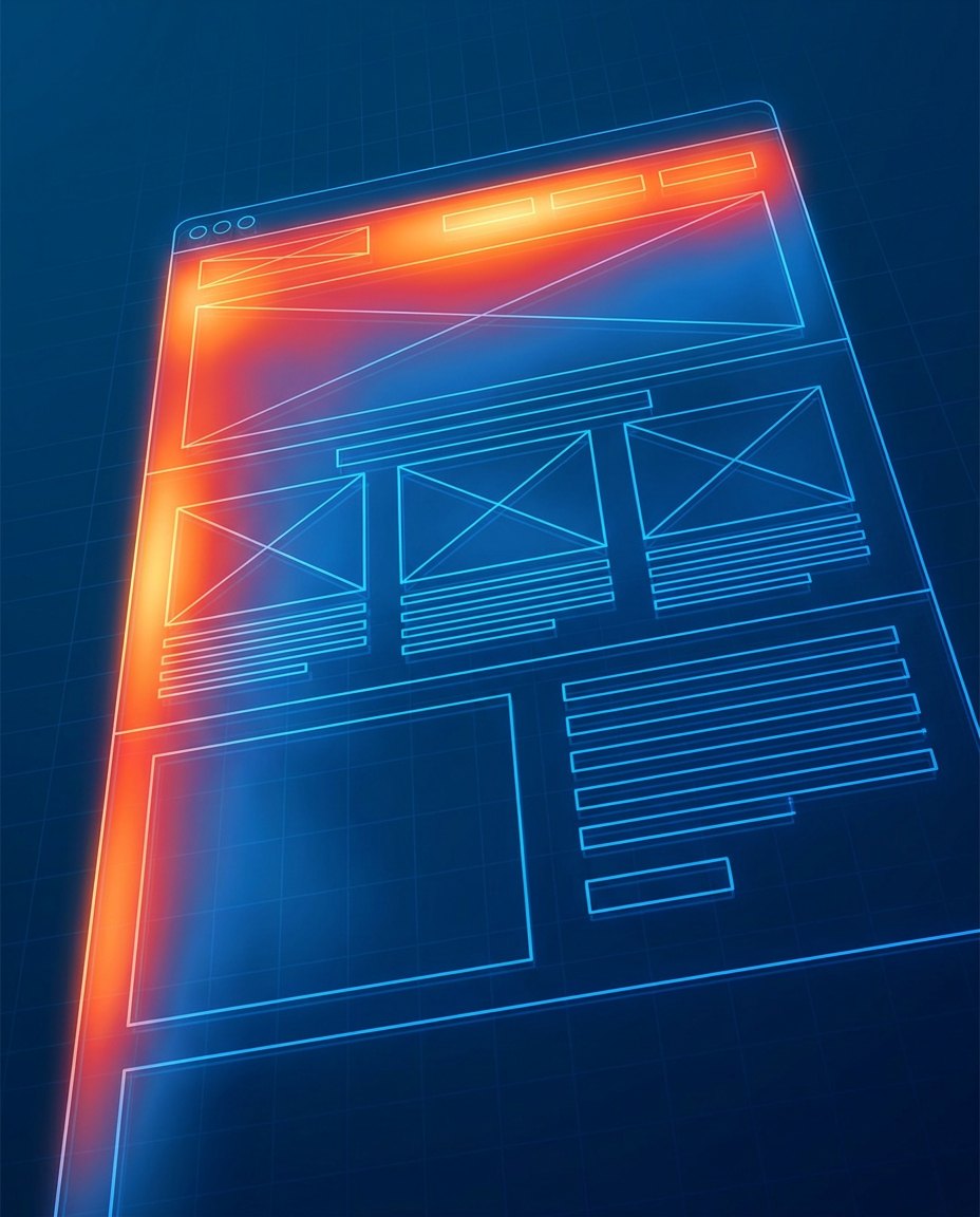 O schiță strălucitoare, în albastru neon, a structurii unui site web pe un fundal întunecat în formă de grilă, cu accente portocalii în partea de sus, care prezintă secțiuni pentru imagini, text și bare de navigare.