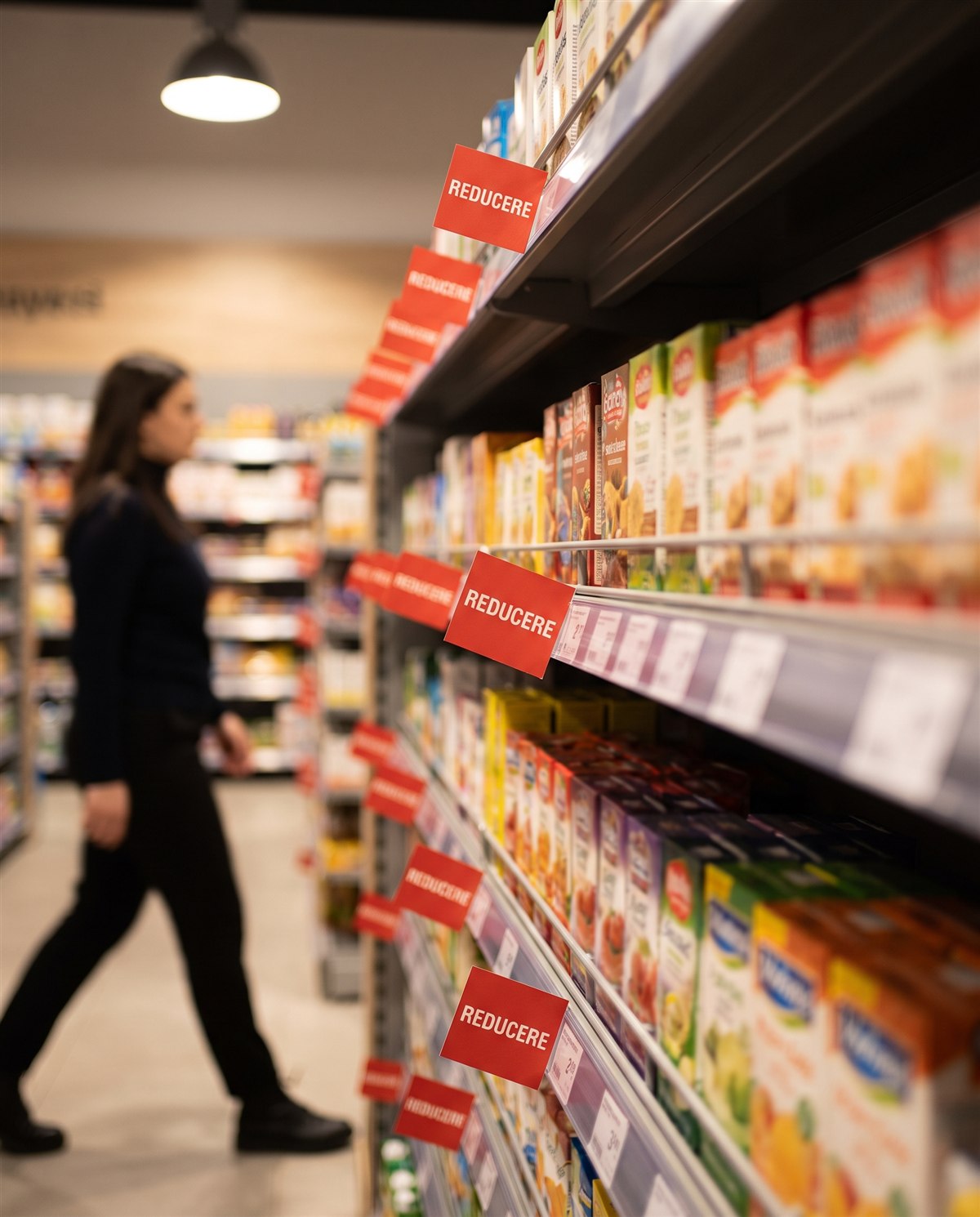 O femeie merge pe un culoar al unui magazin alimentar, lângă rafturi pline cu produse alimentare. Mai multe etichete roșii cu cuvântul „REDUCERE” indică produsele la preț redus.
