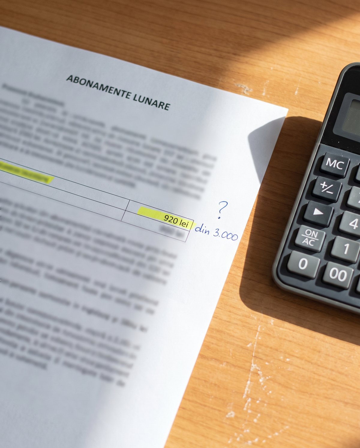 Un document intitulat „ABONAMENTE LUNARE”, cu text în limba română, o sumă evidențiată de „920 lei din 3.000?”, și o parte a unui calculator așezat pe un birou din lemn, scăldat în lumina soarelui.