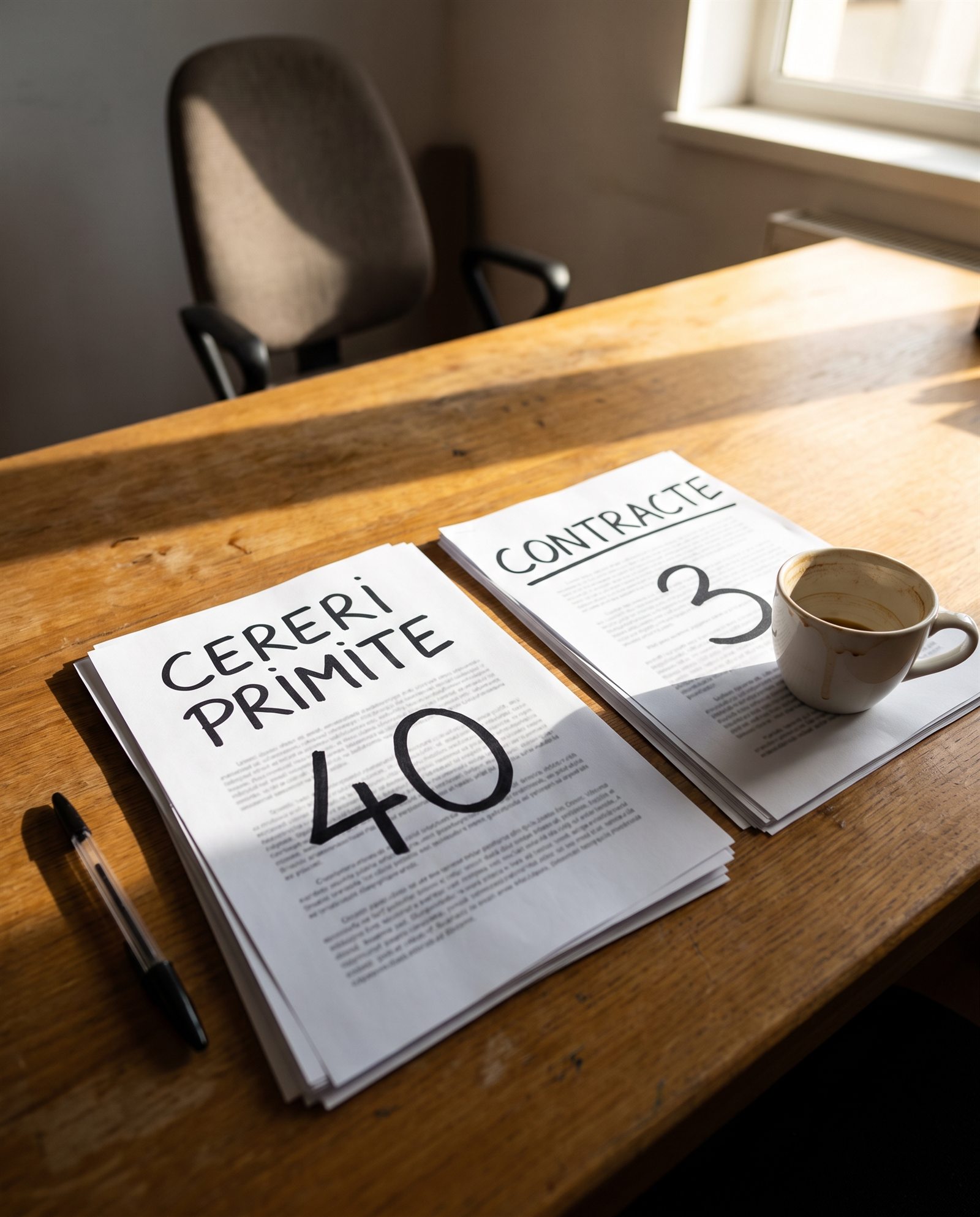 Două teancuri de hârtii pe un birou, pe care scrie „CERERI PRIMITE 40” și „CONTRACTE 3”, cu un stilou și o ceașcă de cafea lângă ele. Lumina soarelui pătrunde prin fereastră și cade pe birou și pe scaun.
